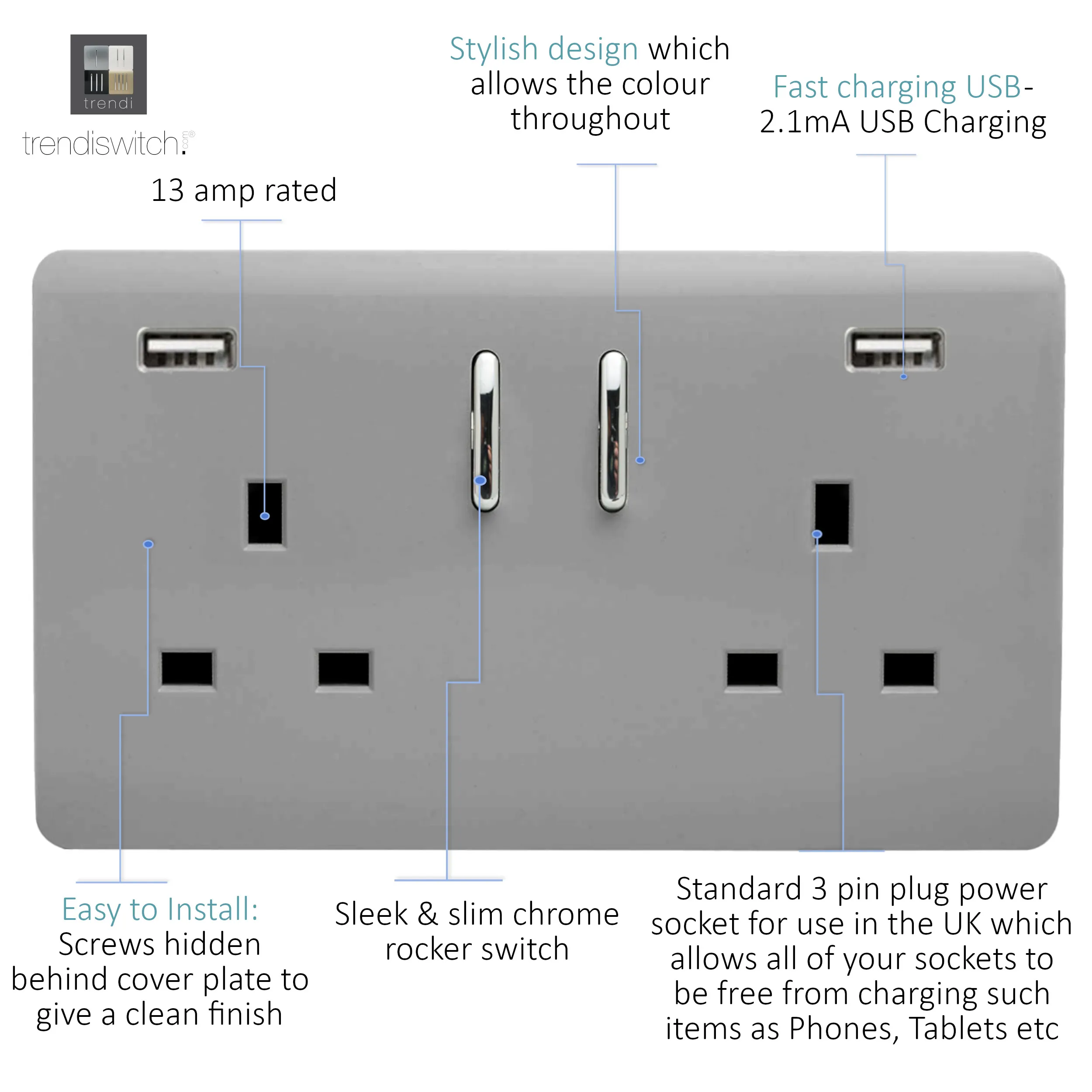 2 Gang 13Amp Short S/W Double Socket With 2x3.1Mah USB Light Grey ART-SKT213USB31AALG  Trendi Light Grey